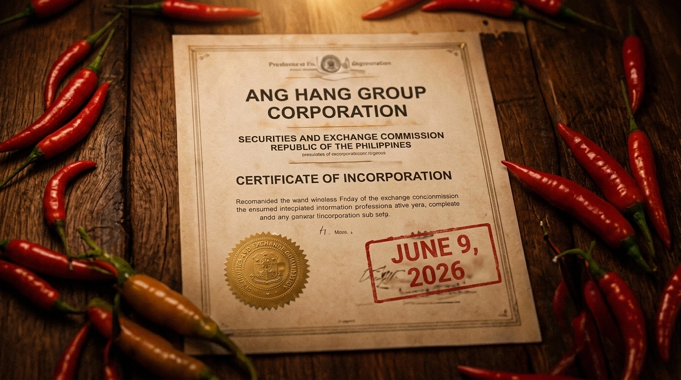 Official Certificate of Incorporation document for Ang Hang Group Corporation stamped June 9, 2026 with decorative red chilies