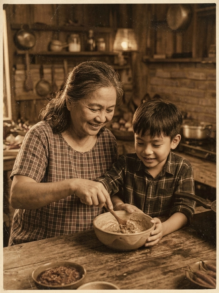 Mother cooking at stove with young Gari