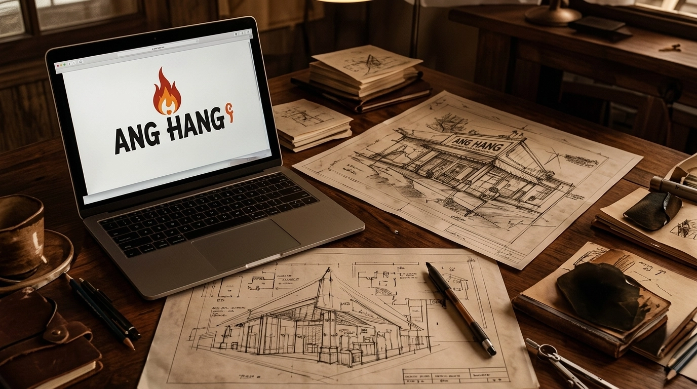 Laptop on desk showing Ang Hang logo surrounded by blueprint-style sketches and pen