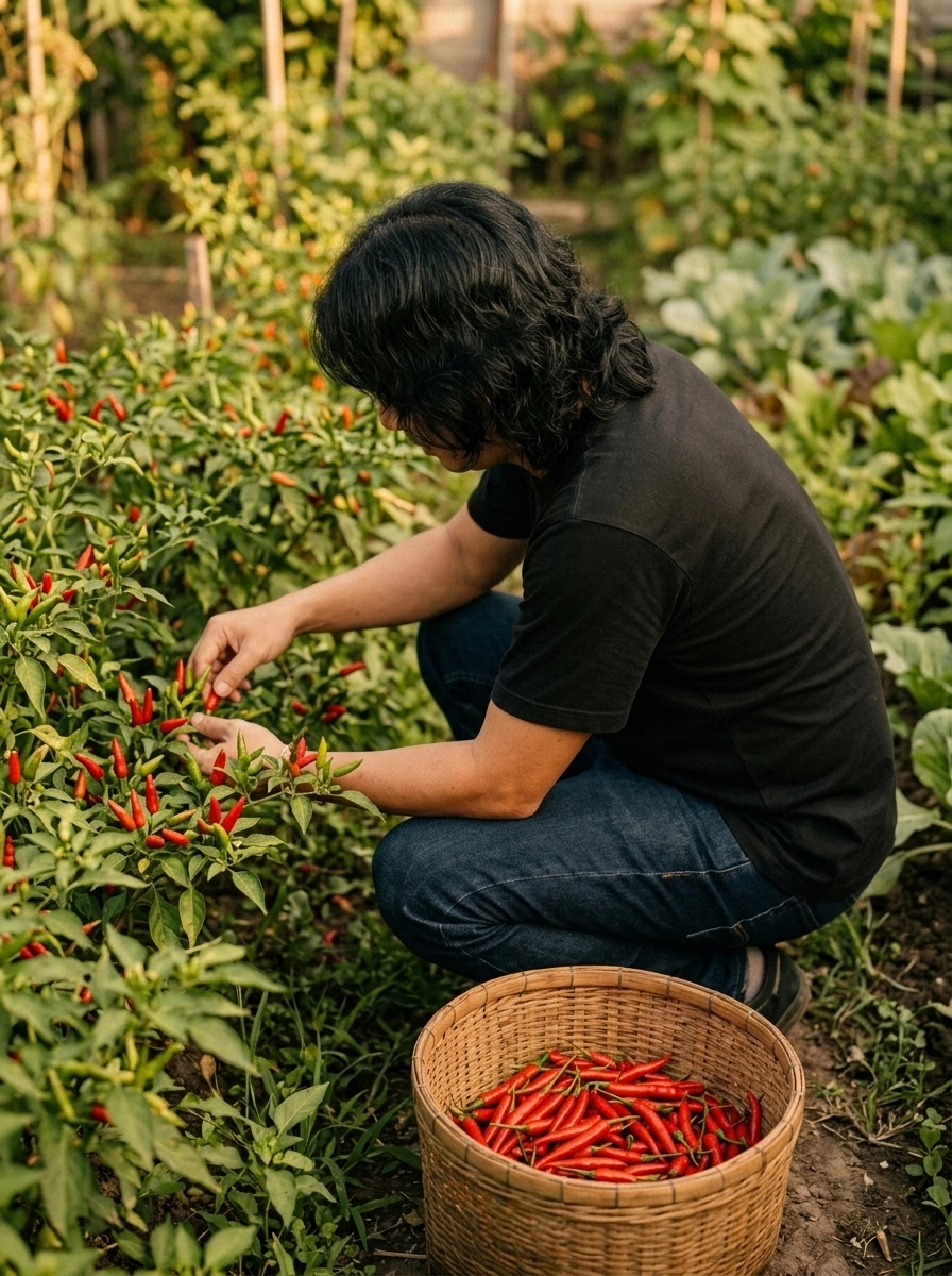Gari crouching in backyard chili garden holding freshly picked chilies