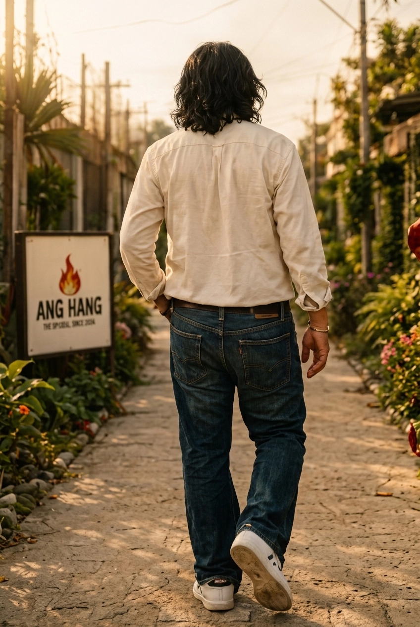 Gari Gabrinao walking down a plant-lined path in Orchard Villas past an Ang Hang sign