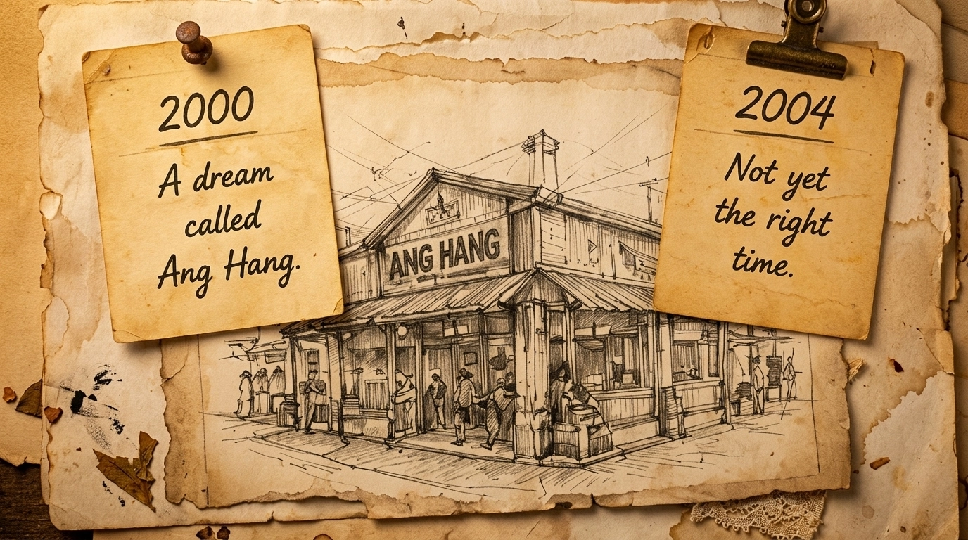 Pencil sketch illustration of Ang Hang restaurant storefront with sticky notes