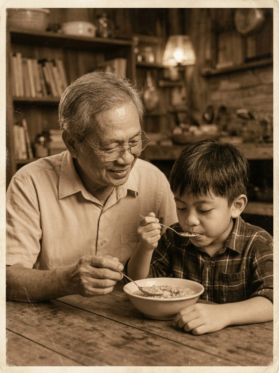 Grandfather and young boy eating together at table