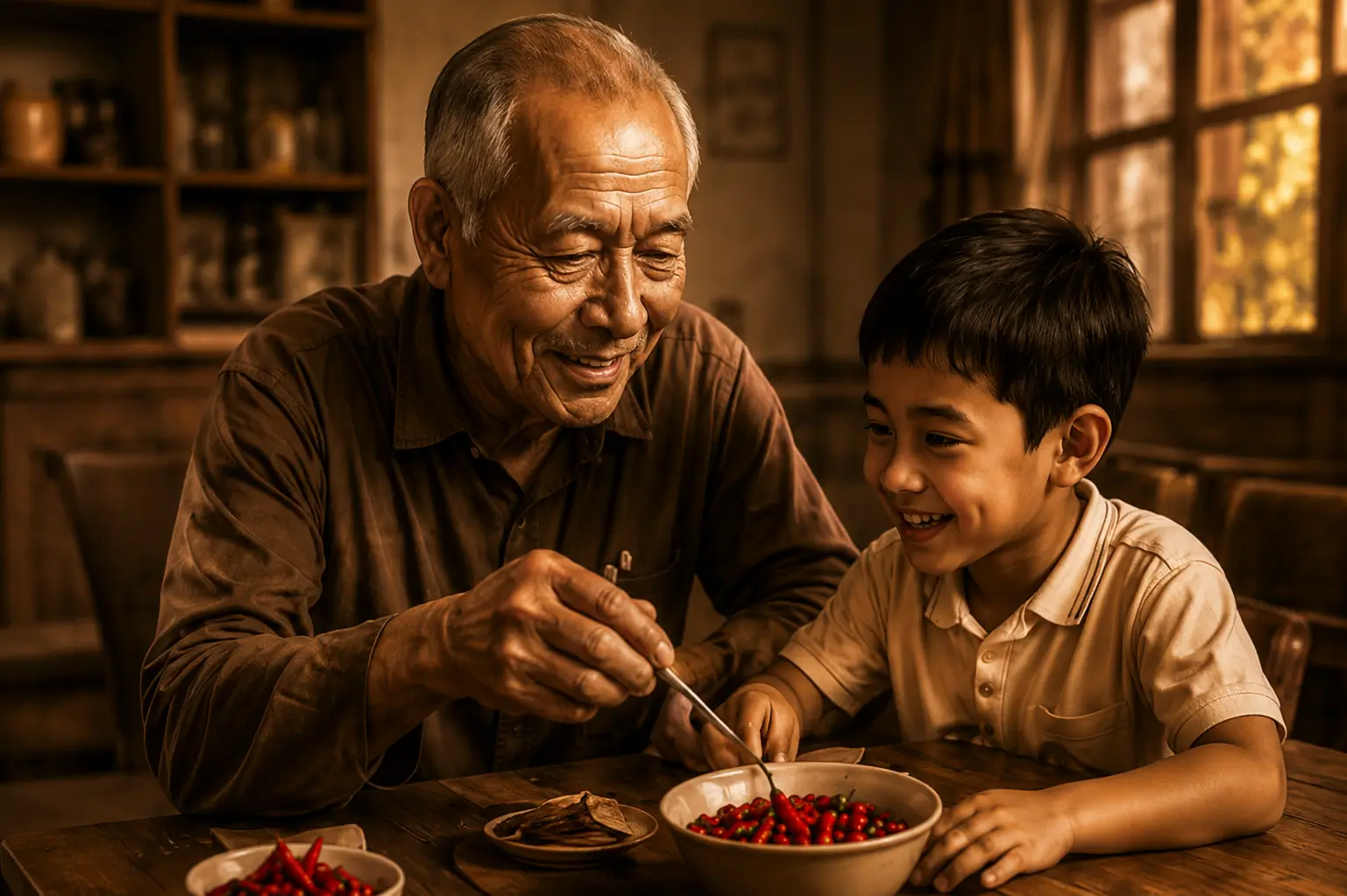 Older Filipino man and young boy sharing grilled food together